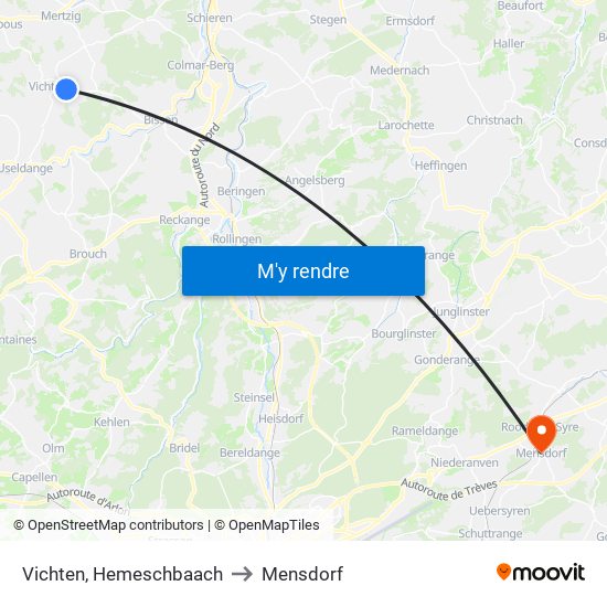 Vichten, Hemeschbaach to Mensdorf map