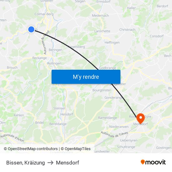 Bissen, Kräizung to Mensdorf map