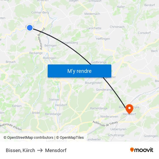 Bissen, Kiirch to Mensdorf map