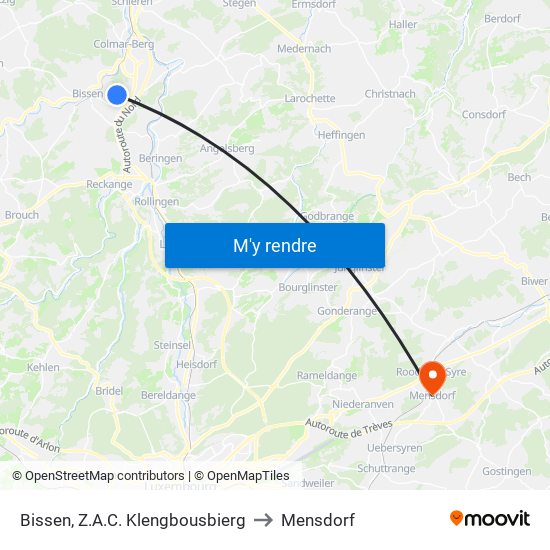 Bissen, Z.A.C. Klengbousbierg to Mensdorf map