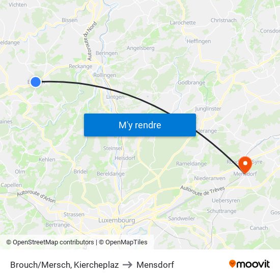 Brouch/Mersch, Kiercheplaz to Mensdorf map