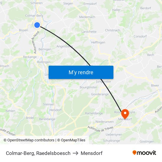 Colmar-Berg, Raedelsboesch to Mensdorf map