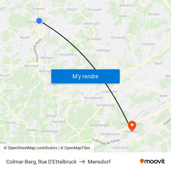 Colmar-Berg, Rue D'Ettelbruck to Mensdorf map