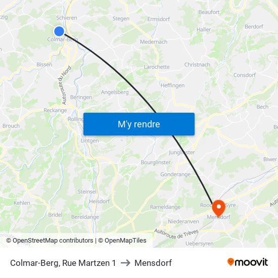 Colmar-Berg, Rue Martzen 1 to Mensdorf map