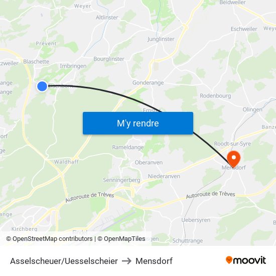 Asselscheuer/Uesselscheier to Mensdorf map