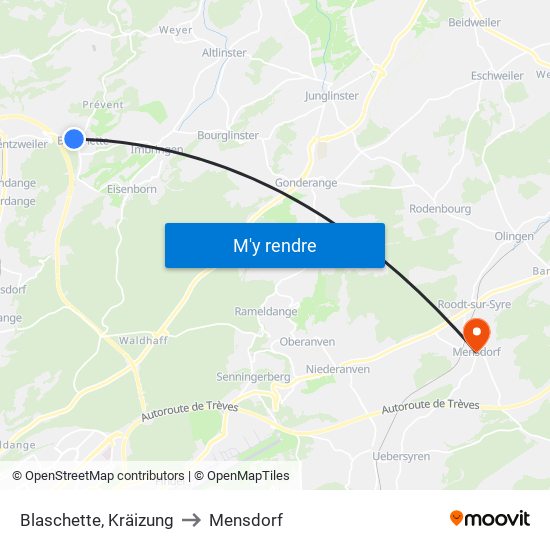 Blaschette, Kräizung to Mensdorf map