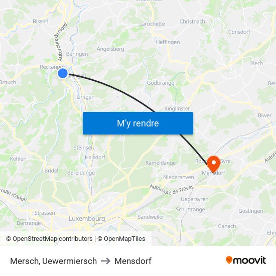 Mersch, Uewermiersch to Mensdorf map