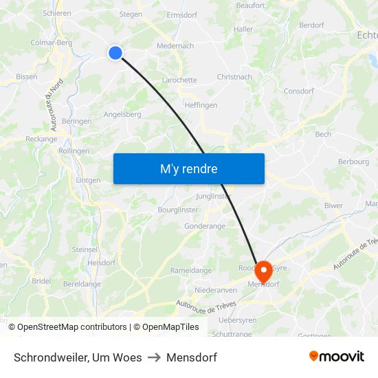 Schrondweiler, Um Woes to Mensdorf map