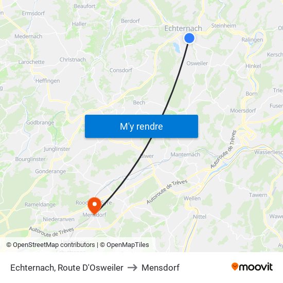 Echternach, Route D'Osweiler to Mensdorf map