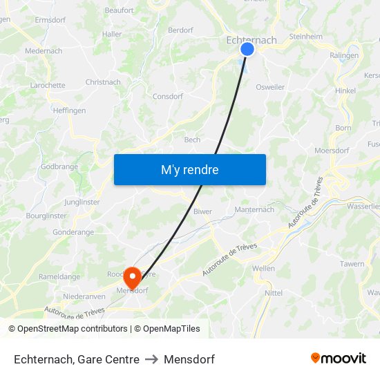 Echternach, Gare Centre to Mensdorf map