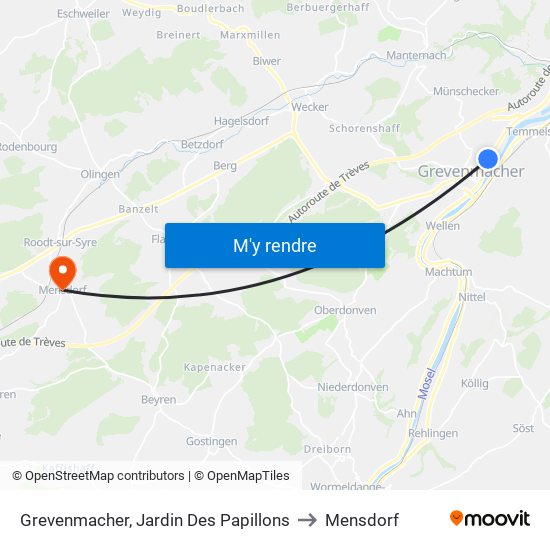 Grevenmacher, Jardin Des Papillons to Mensdorf map