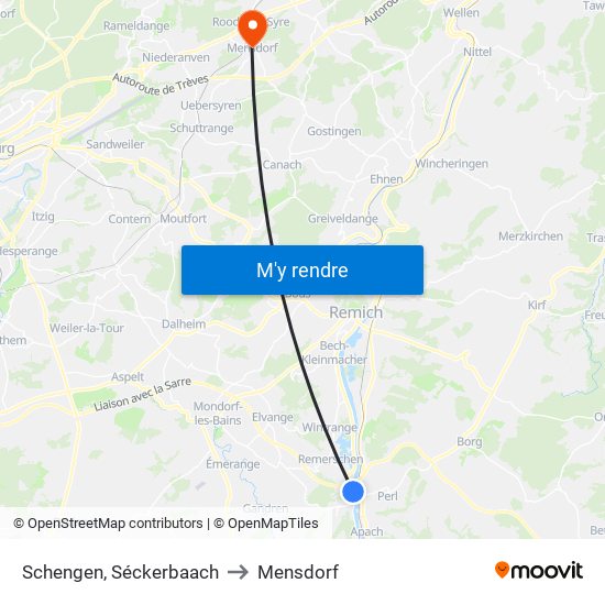 Schengen, Séckerbaach to Mensdorf map