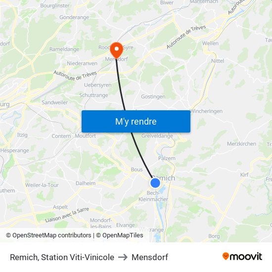 Remich, Station Viti-Vinicole to Mensdorf map