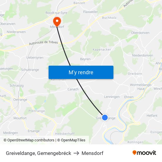 Greiveldange, Gemengebréck to Mensdorf map