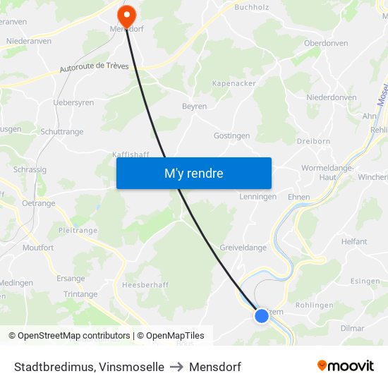 Stadtbredimus, Vinsmoselle to Mensdorf map