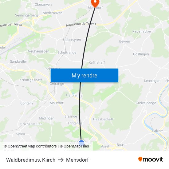 Waldbredimus, Kiirch to Mensdorf map