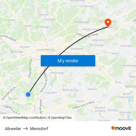 Abweiler to Mensdorf map