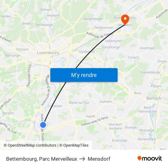 Bettembourg, Parc Merveilleux to Mensdorf map