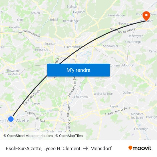 Esch-Sur-Alzette, Lycée H. Clement to Mensdorf map