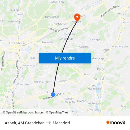 Aspelt, AM Grëndchen to Mensdorf map