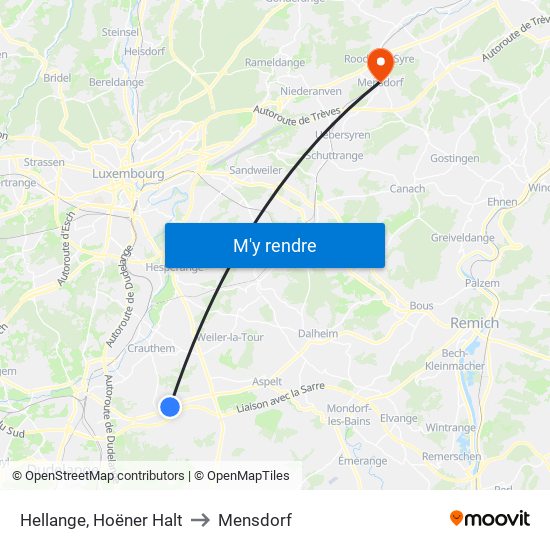 Hellange, Hoëner Halt to Mensdorf map