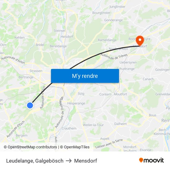 Leudelange, Galgebösch to Mensdorf map