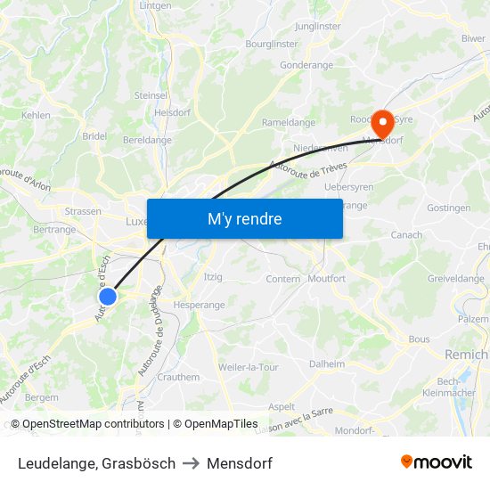 Leudelange, Grasbösch to Mensdorf map