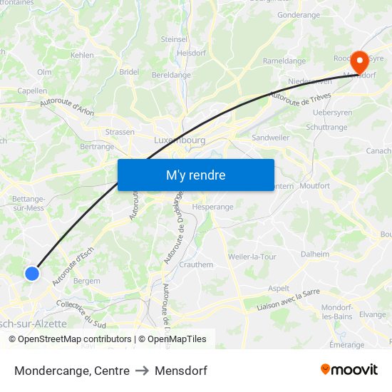 Mondercange, Centre to Mensdorf map