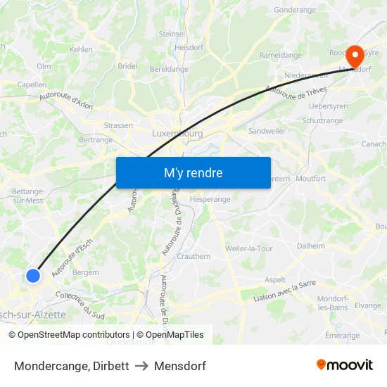 Mondercange, Dirbett to Mensdorf map