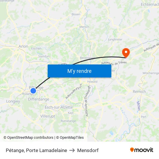 Pétange, Porte Lamadelaine to Mensdorf map