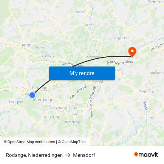 Rodange, Niederredingen to Mensdorf map