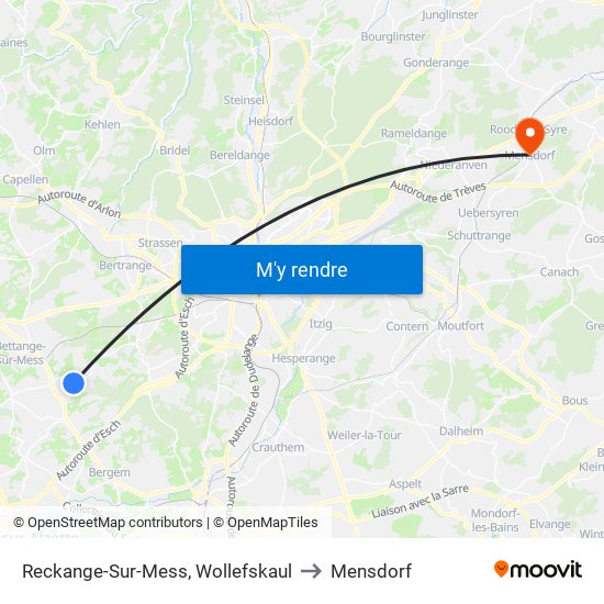 Reckange-Sur-Mess, Wollefskaul to Mensdorf map