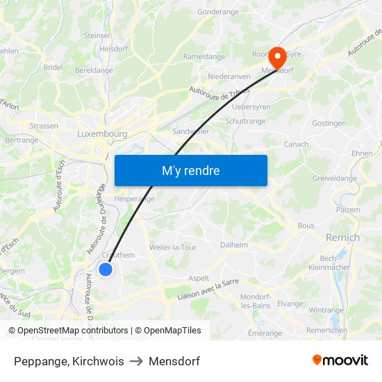 Peppange, Kirchwois to Mensdorf map