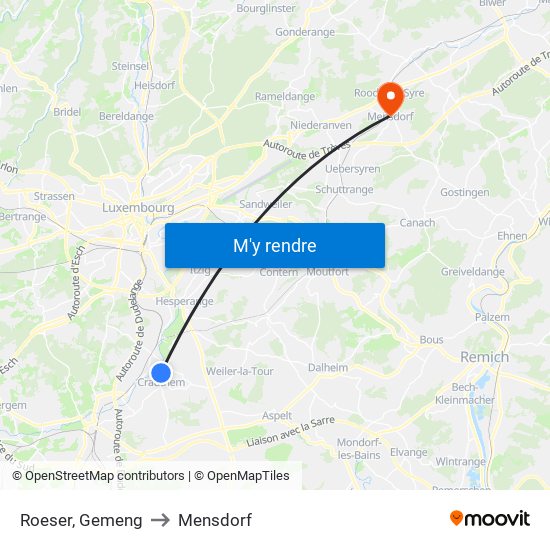 Roeser, Gemeng to Mensdorf map