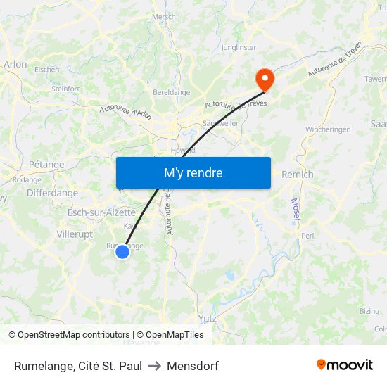 Rumelange, Cité St. Paul to Mensdorf map