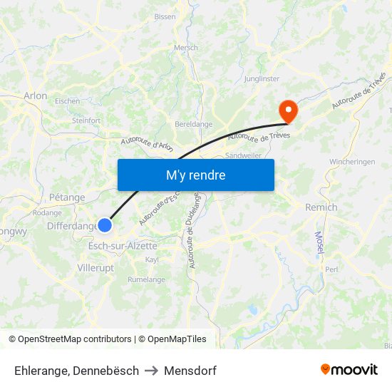 Ehlerange, Dennebësch to Mensdorf map