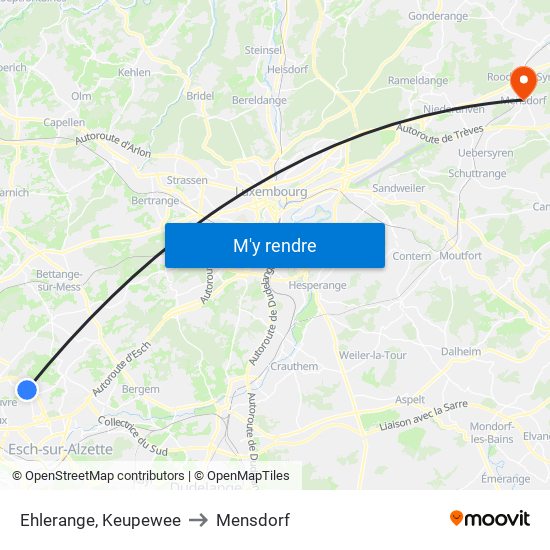 Ehlerange, Keupewee to Mensdorf map