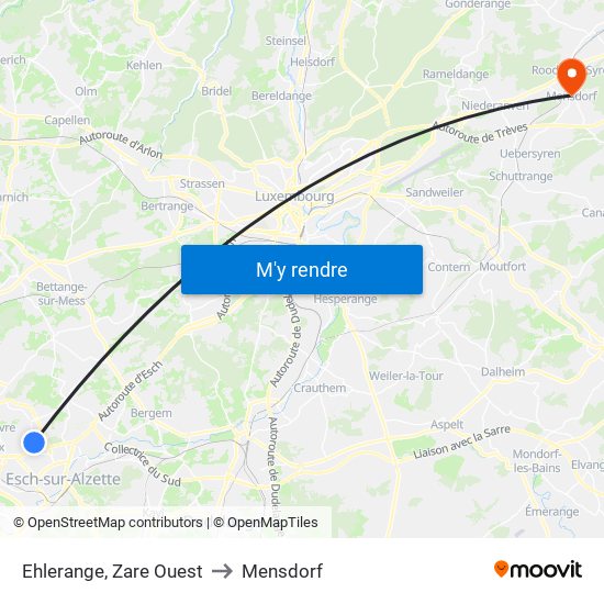 Ehlerange, Zare Ouest to Mensdorf map