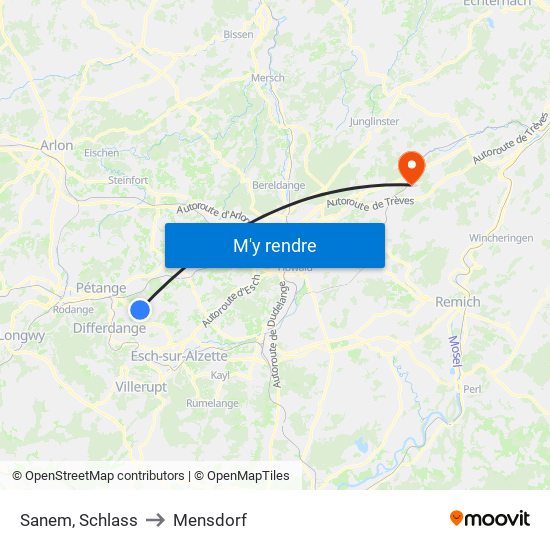 Sanem, Schlass to Mensdorf map