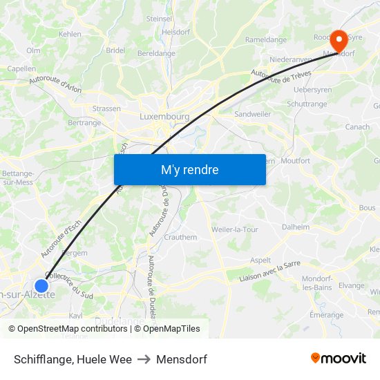 Schifflange, Huele Wee to Mensdorf map