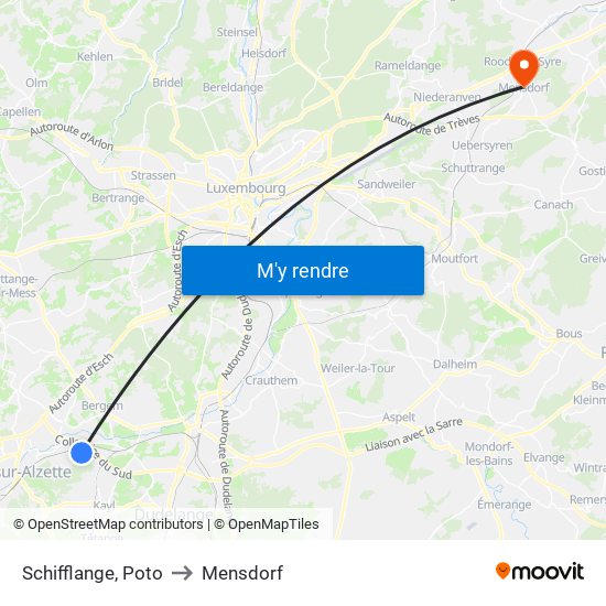 Schifflange, Poto to Mensdorf map