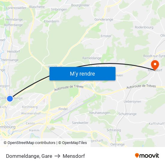 Dommeldange, Gare to Mensdorf map