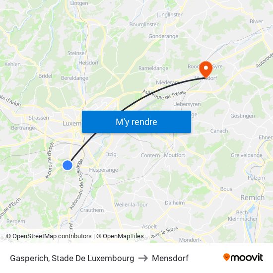Gasperich, Stade De Luxembourg to Mensdorf map