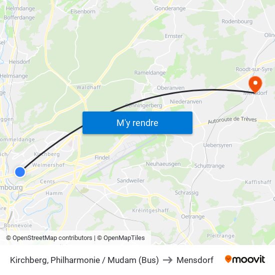 Kirchberg, Philharmonie / Mudam (Bus) to Mensdorf map