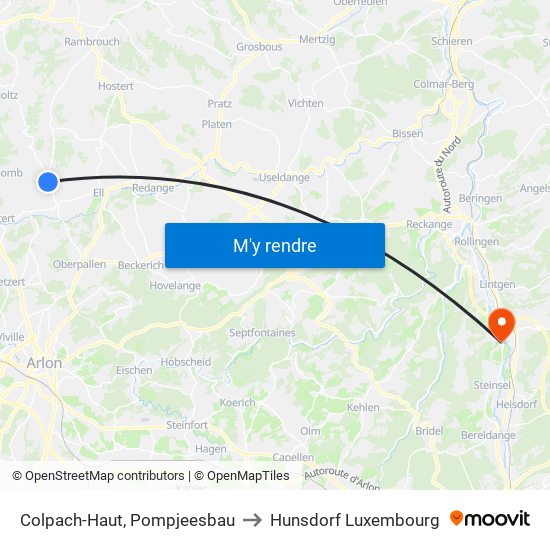 Colpach-Haut, Pompjeesbau to Hunsdorf Luxembourg map