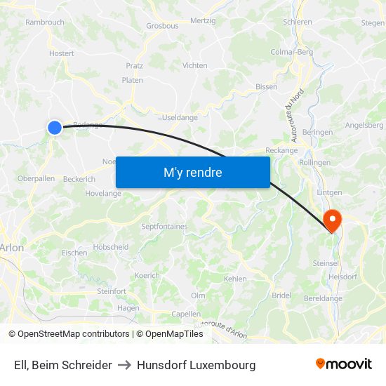 Ell, Beim Schreider to Hunsdorf Luxembourg map