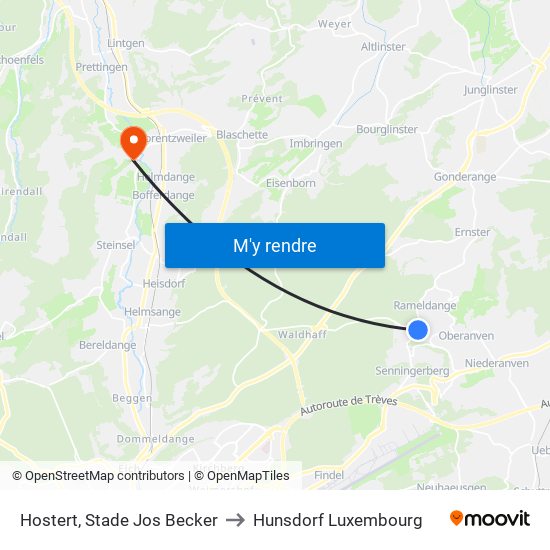 Hostert, Stade Jos Becker to Hunsdorf Luxembourg map