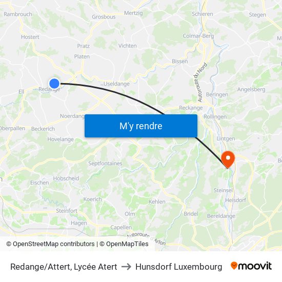 Redange/Attert, Lycée Atert to Hunsdorf Luxembourg map