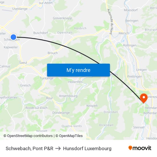 Schwebach, Pont P&R to Hunsdorf Luxembourg map