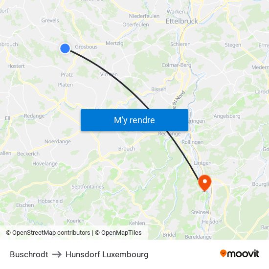 Buschrodt to Hunsdorf Luxembourg map